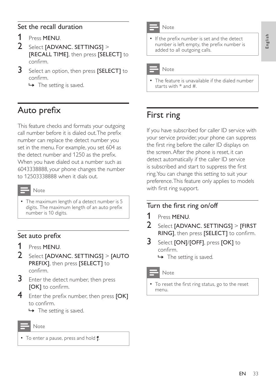 Auto prefix, First ring, Auto preﬁx | Philips SE765 User Manual | Page 33 / 52