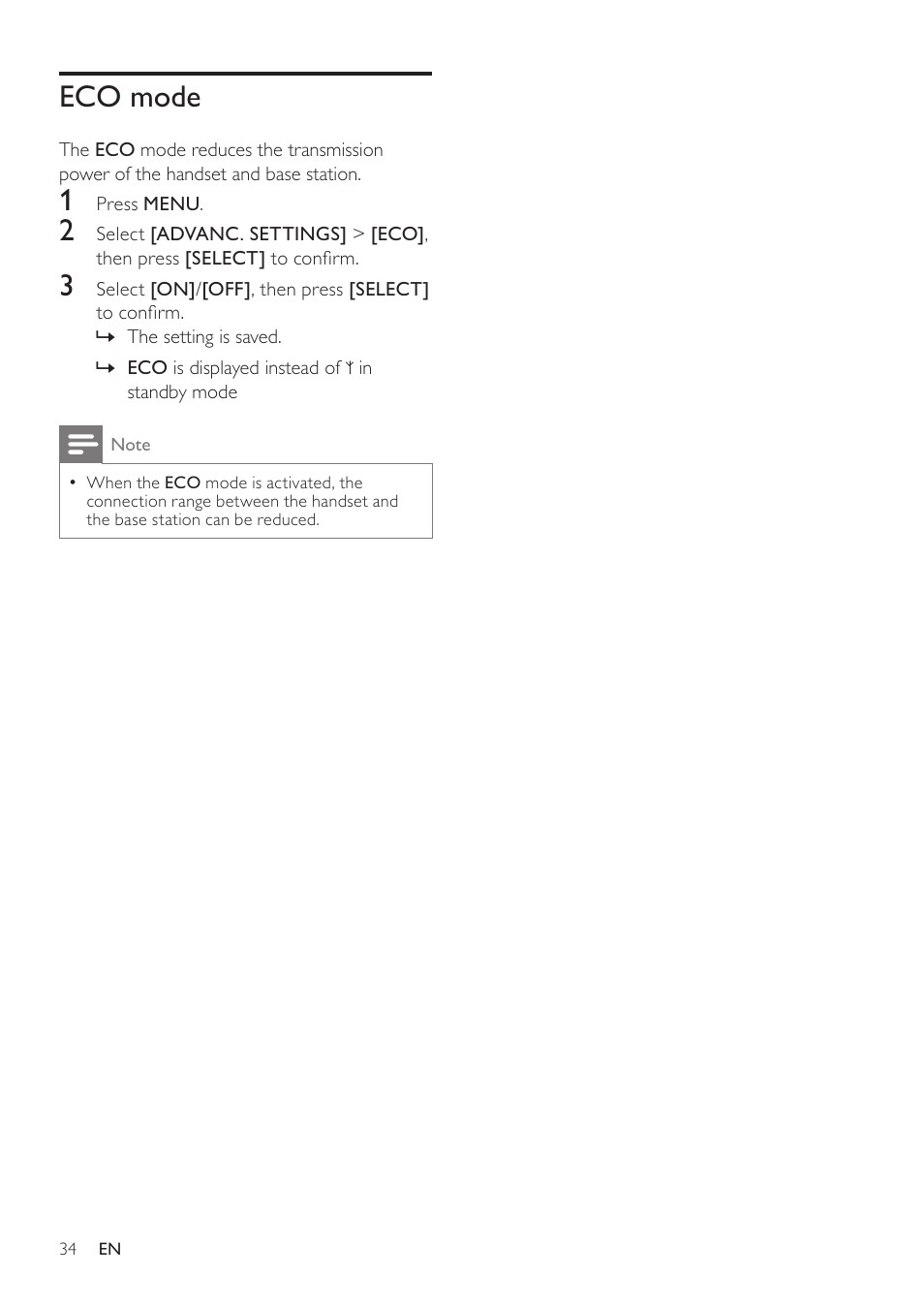 Eco mode | Philips SE765 User Manual | Page 34 / 52