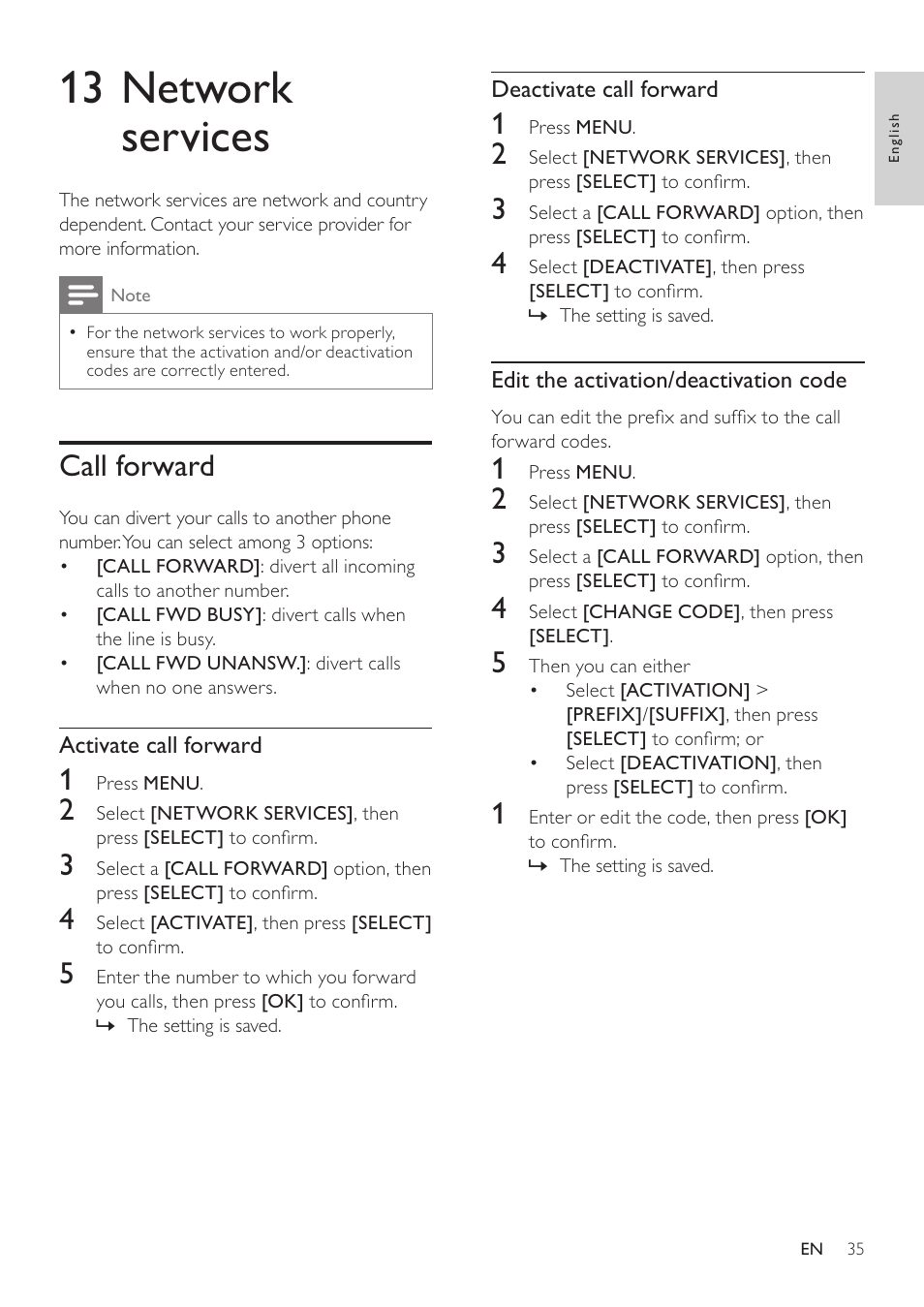 13 network services, Call forward | Philips SE765 User Manual | Page 35 / 52