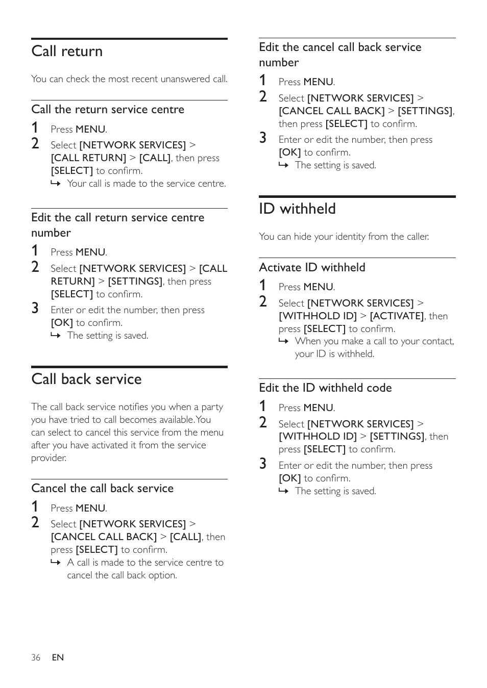 Call return, Call back service, Id withheld | Philips SE765 User Manual | Page 36 / 52