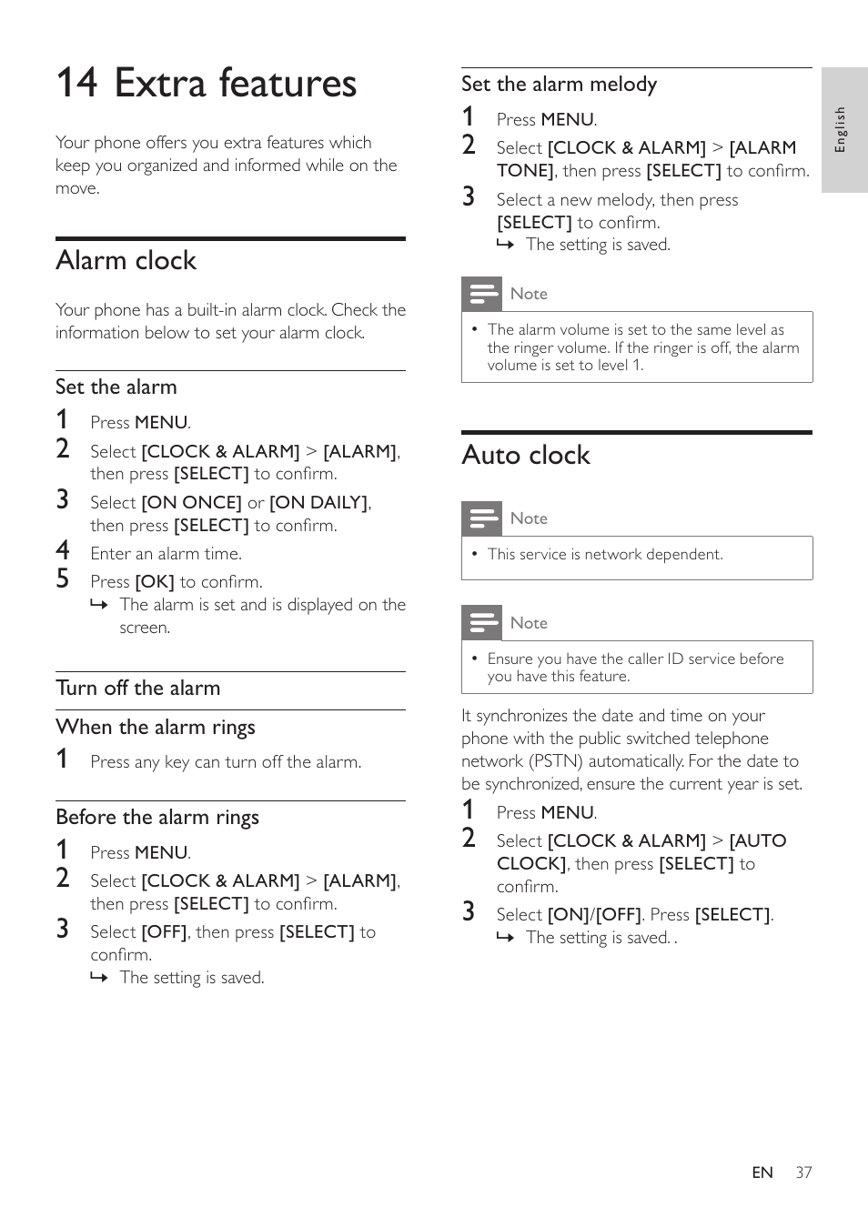 14 extra features, Alarm clock, Auto clock | Philips SE765 User Manual | Page 37 / 52