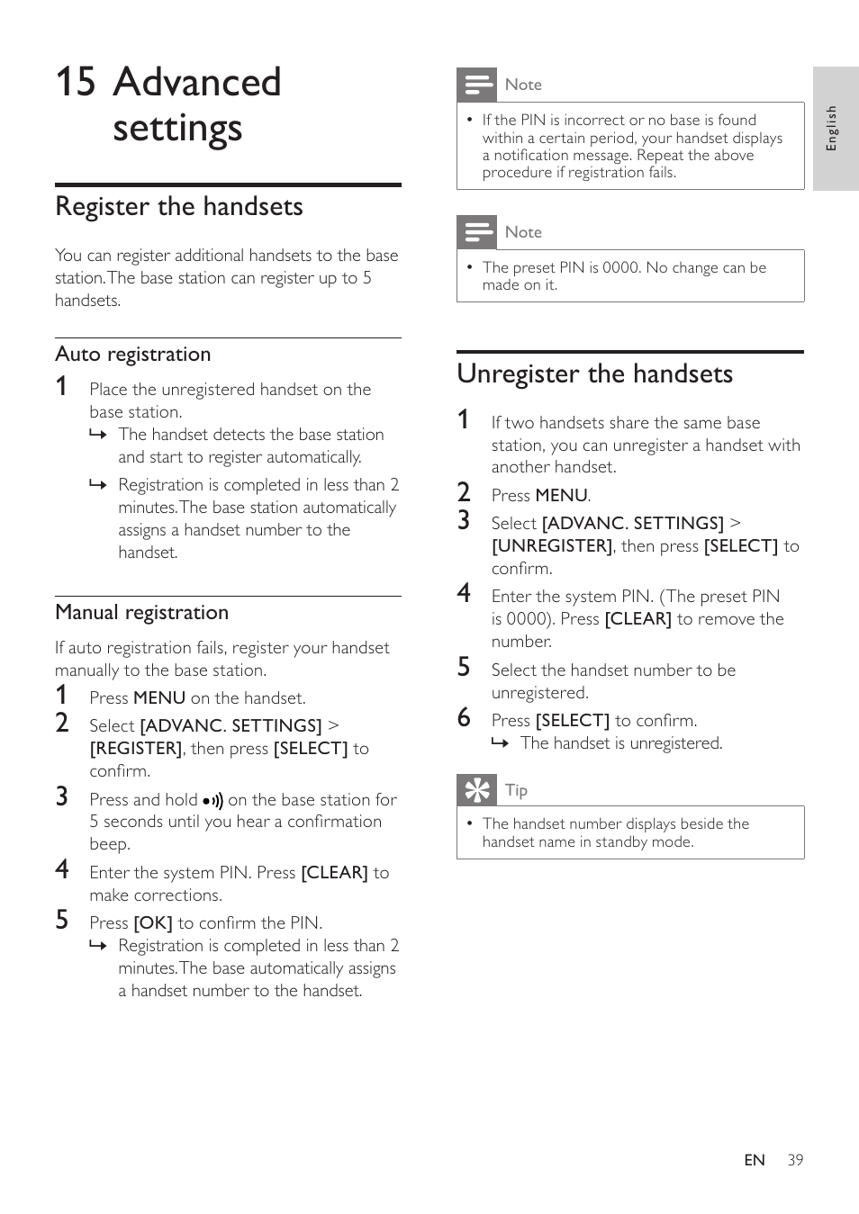 15 advanced settings, Register the handsets, Unregister the handsets | Unregister the handsets 1 | Philips SE765 User Manual | Page 39 / 52