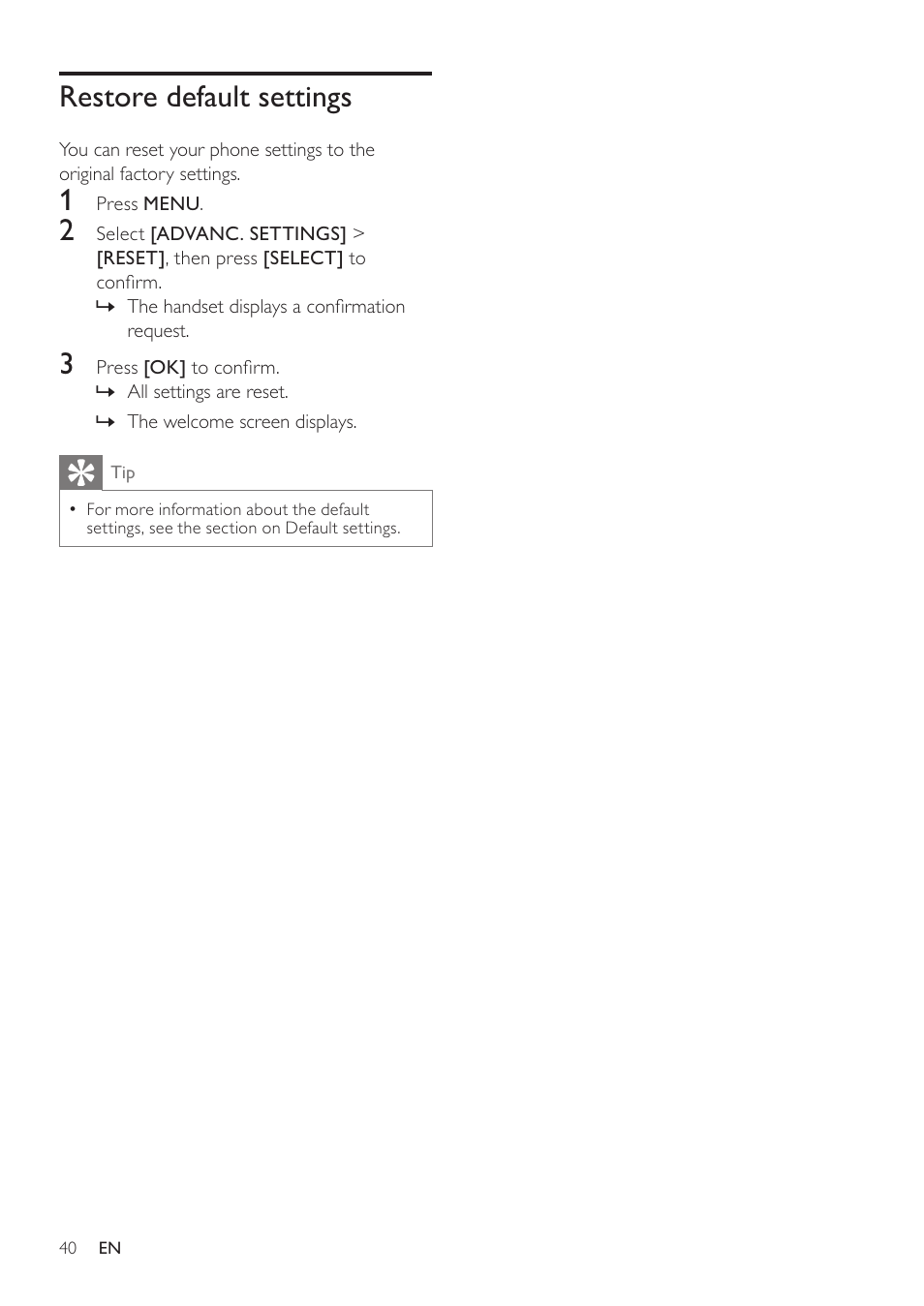 Restore default settings | Philips SE765 User Manual | Page 40 / 52