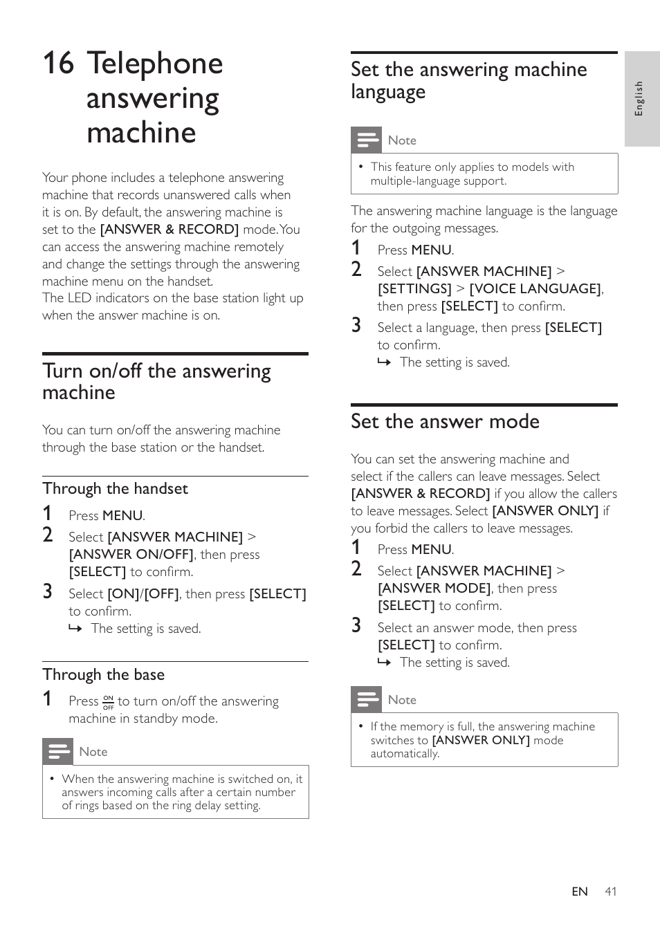 16 telephone answering machine, Turn on/off the answering machine, Set the answering machine language | Set the answer mode | Philips SE765 User Manual | Page 41 / 52