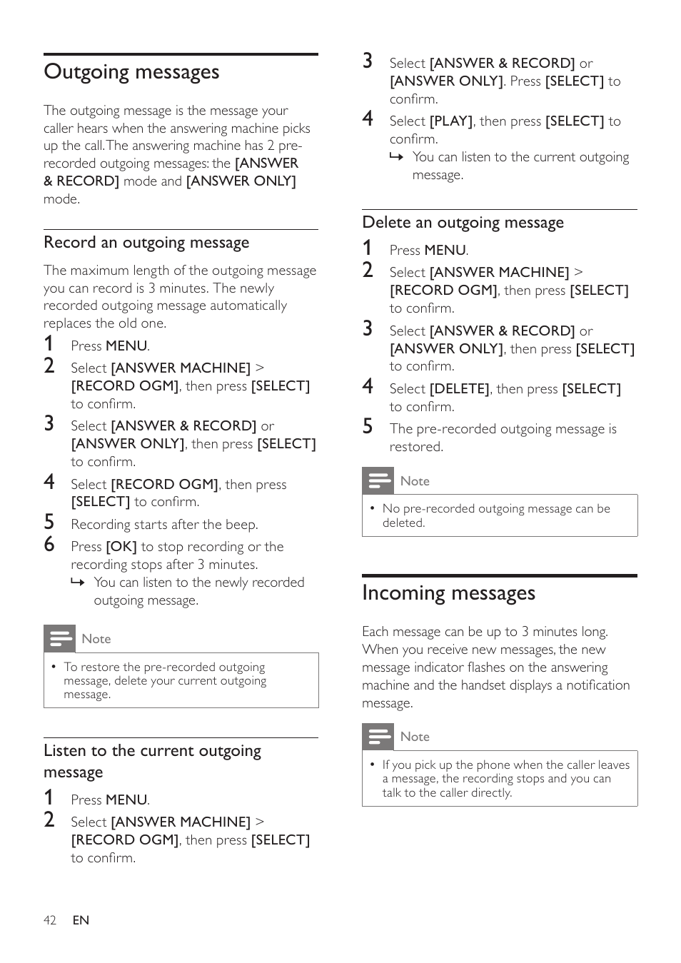 Outgoing messages, Incoming messages | Philips SE765 User Manual | Page 42 / 52