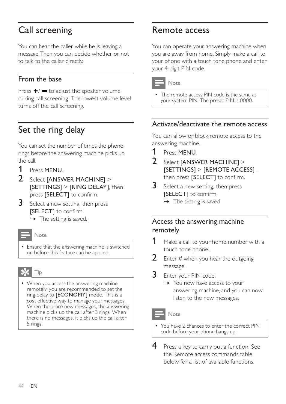 Call screening, Set the ring delay, Remote access | Philips SE765 User Manual | Page 44 / 52
