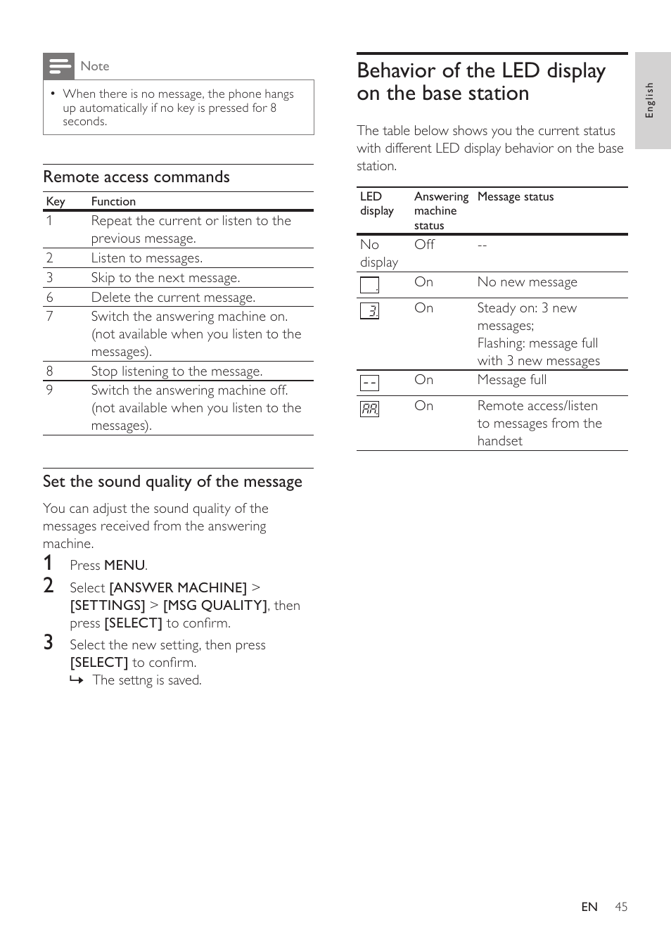 Behavior of the led display on the base station, Behavior of the led display on the base, Station | Remote access commands, Set the sound quality of the message | Philips SE765 User Manual | Page 45 / 52