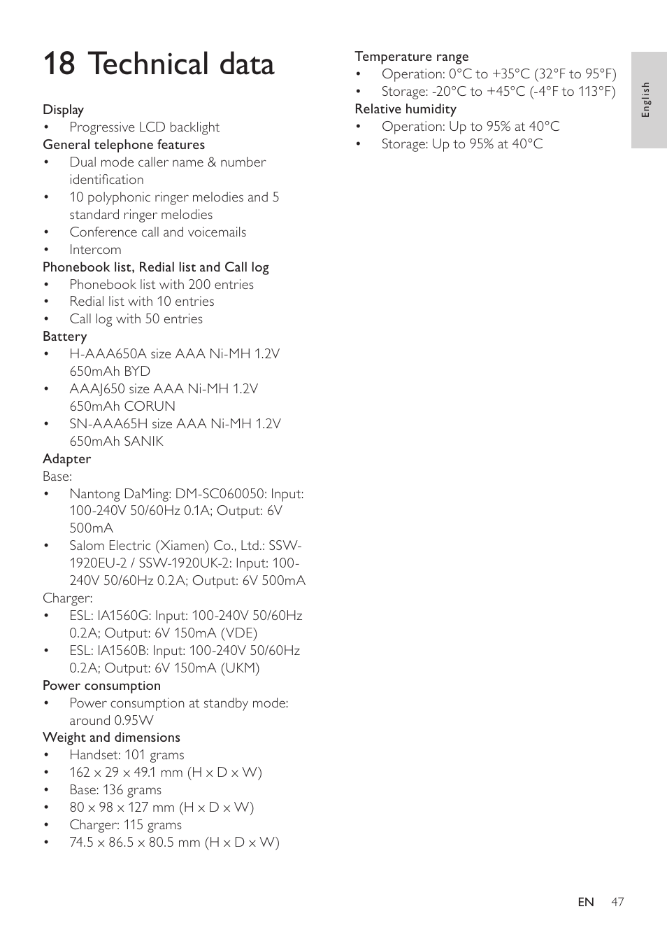 18 technical data | Philips SE765 User Manual | Page 47 / 52