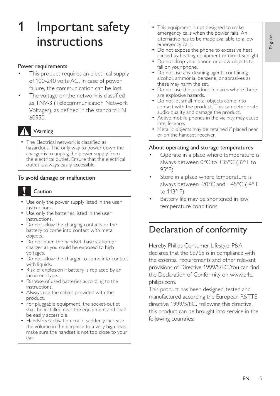 1 important safety instructions, Declaration of conformity | Philips SE765 User Manual | Page 5 / 52