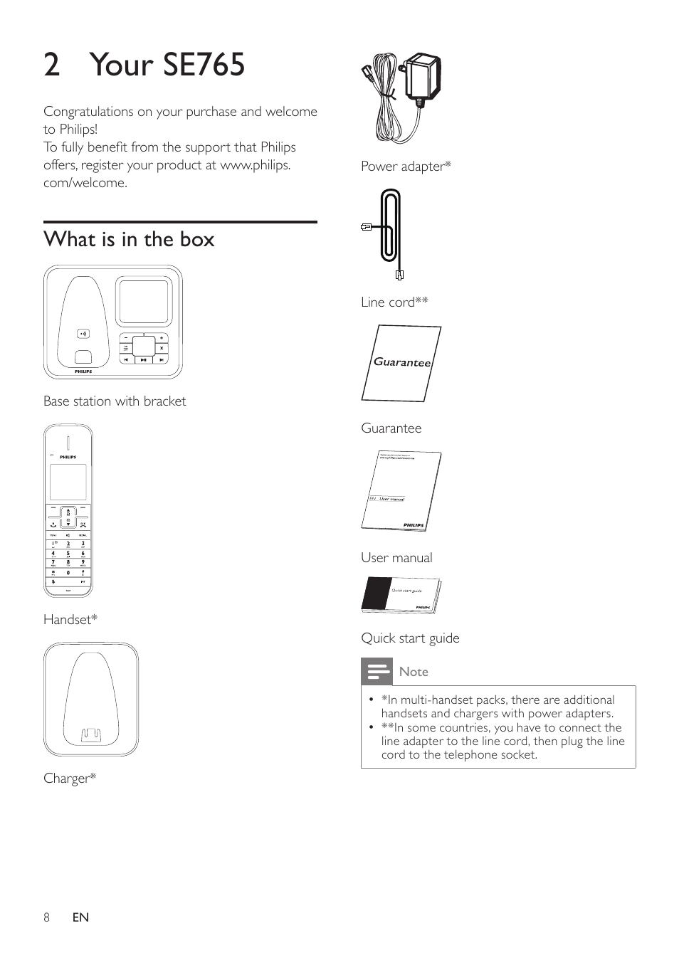 2 your se765, What is in the box, 2 your | Se765 | Philips SE765 User Manual | Page 8 / 52