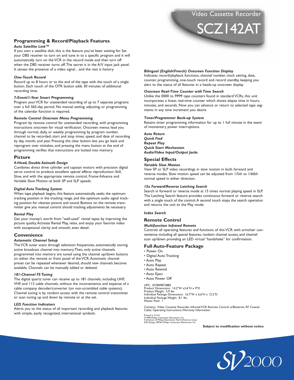 Scz142at, Video cassette recorder | Philips SCZ142AT User Manual | Page 2 / 2