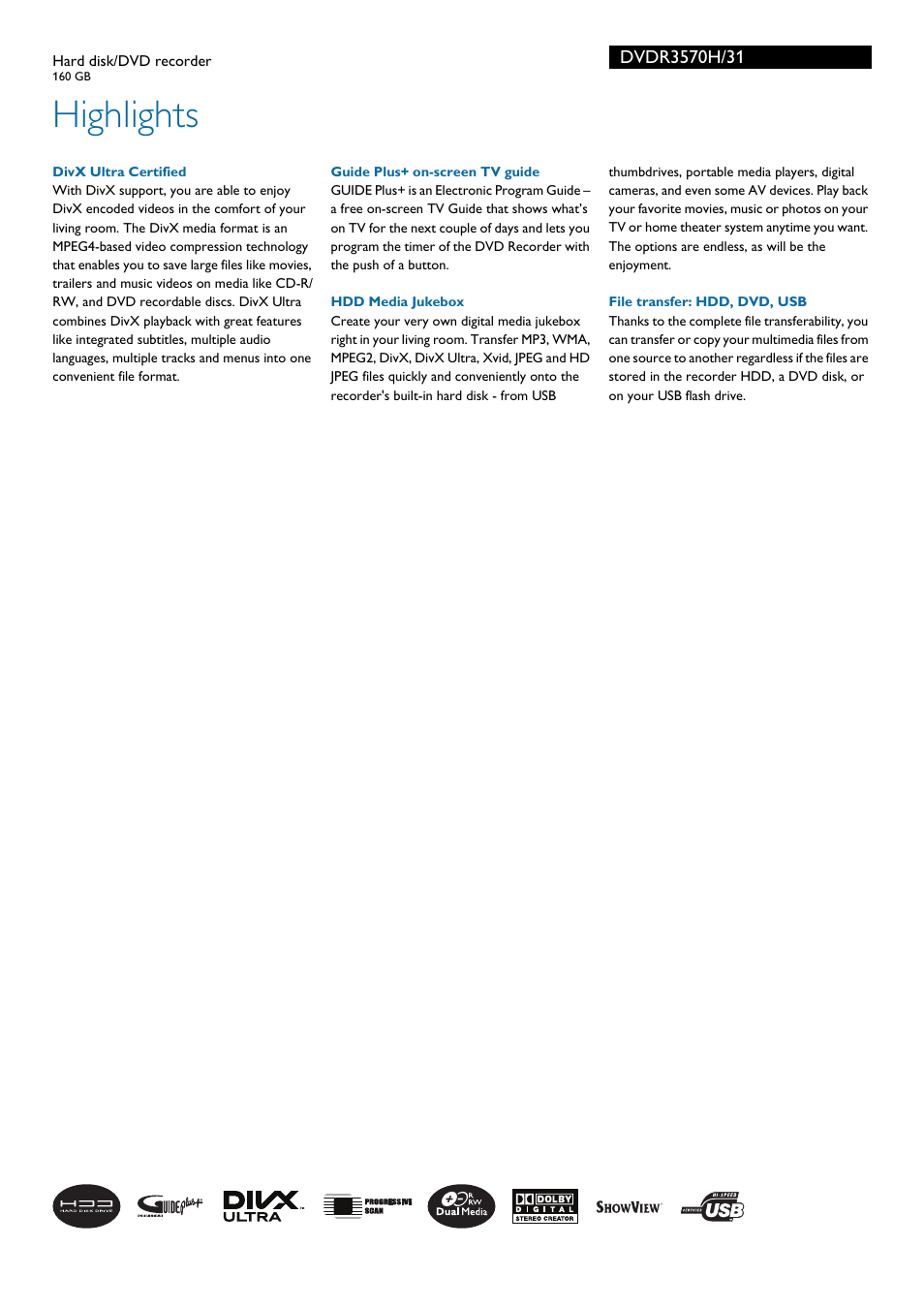 Highlights | Philips DVDR3570H User Manual | Page 2 / 3