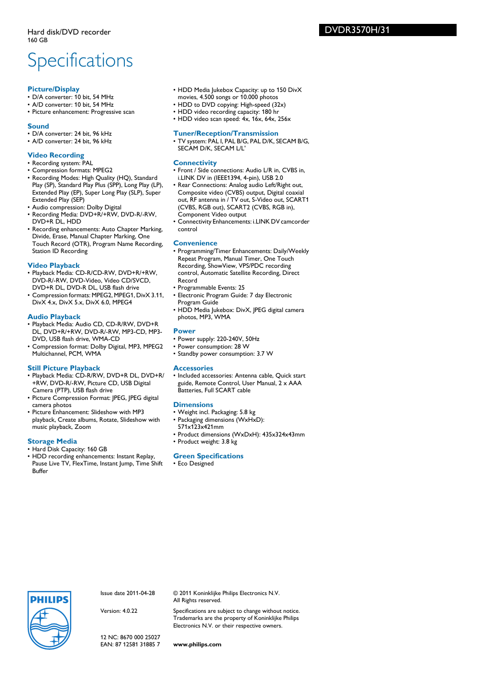 Specifications | Philips DVDR3570H User Manual | Page 3 / 3