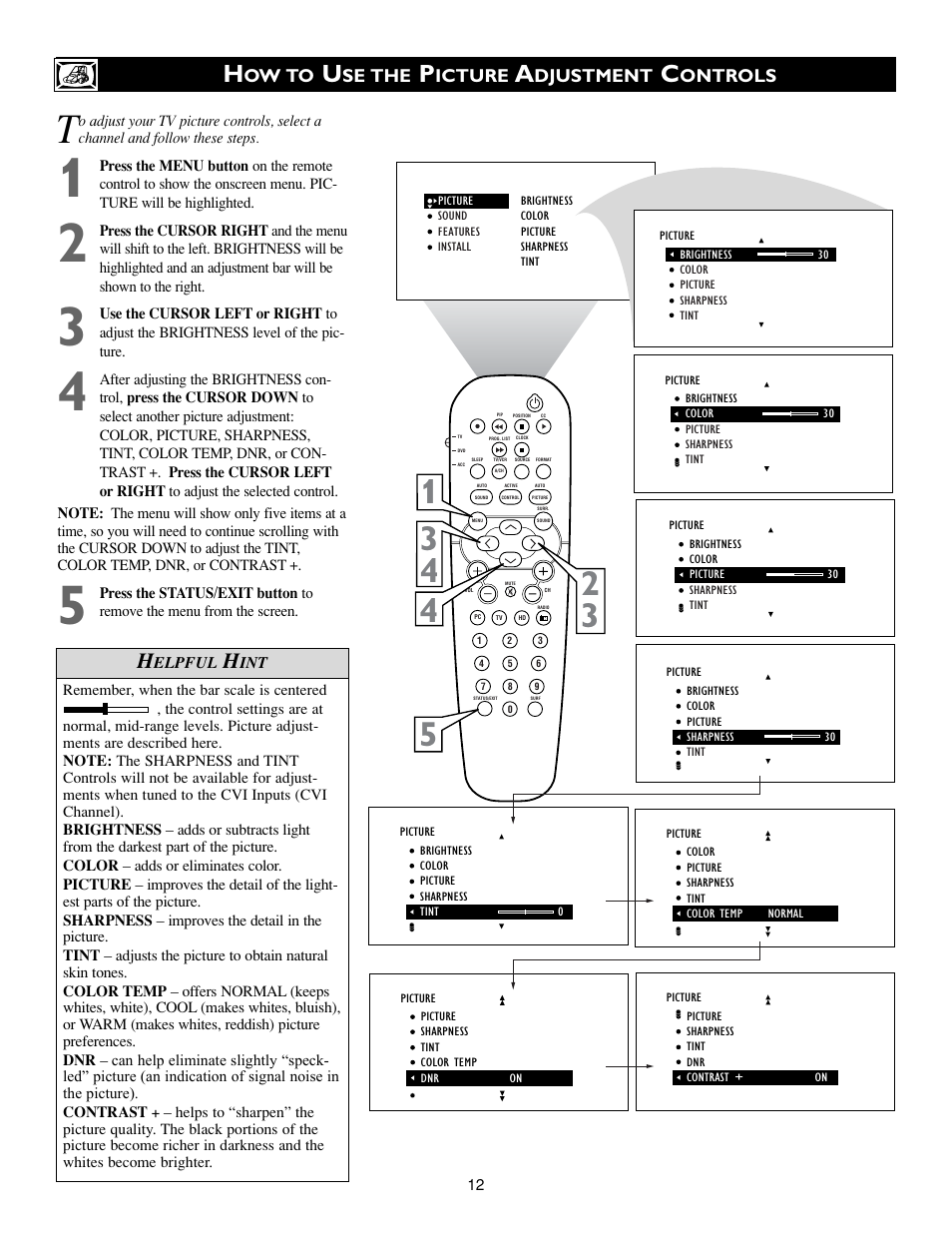 Ow to, Se the, Icture | Djustment, Ontrols | Philips 17PF9945/58 User Manual | Page 12 / 64