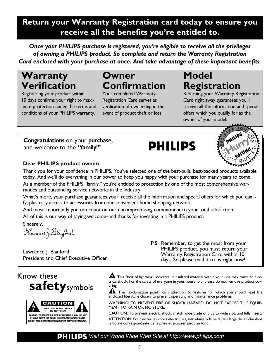 Safety, Warranty verification, Owner confirmation | Model registration, Hurry, Know these, Symbols t | Philips 17PF9945/58 User Manual | Page 2 / 64