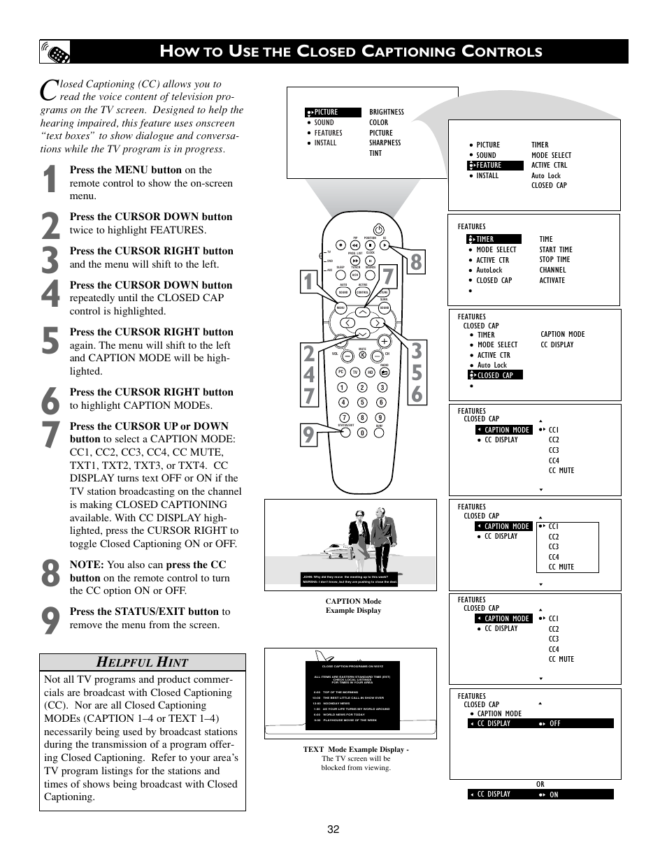 Ow to, Se the, Losed | Aptioning, Ontrols | Philips 17PF9945/58 User Manual | Page 32 / 64