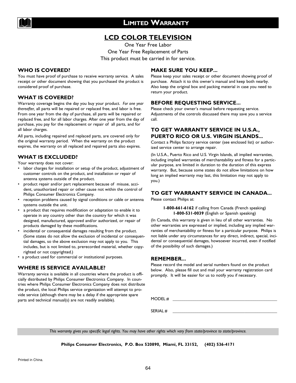 Lcd color television | Philips 17PF9945/58 User Manual | Page 64 / 64