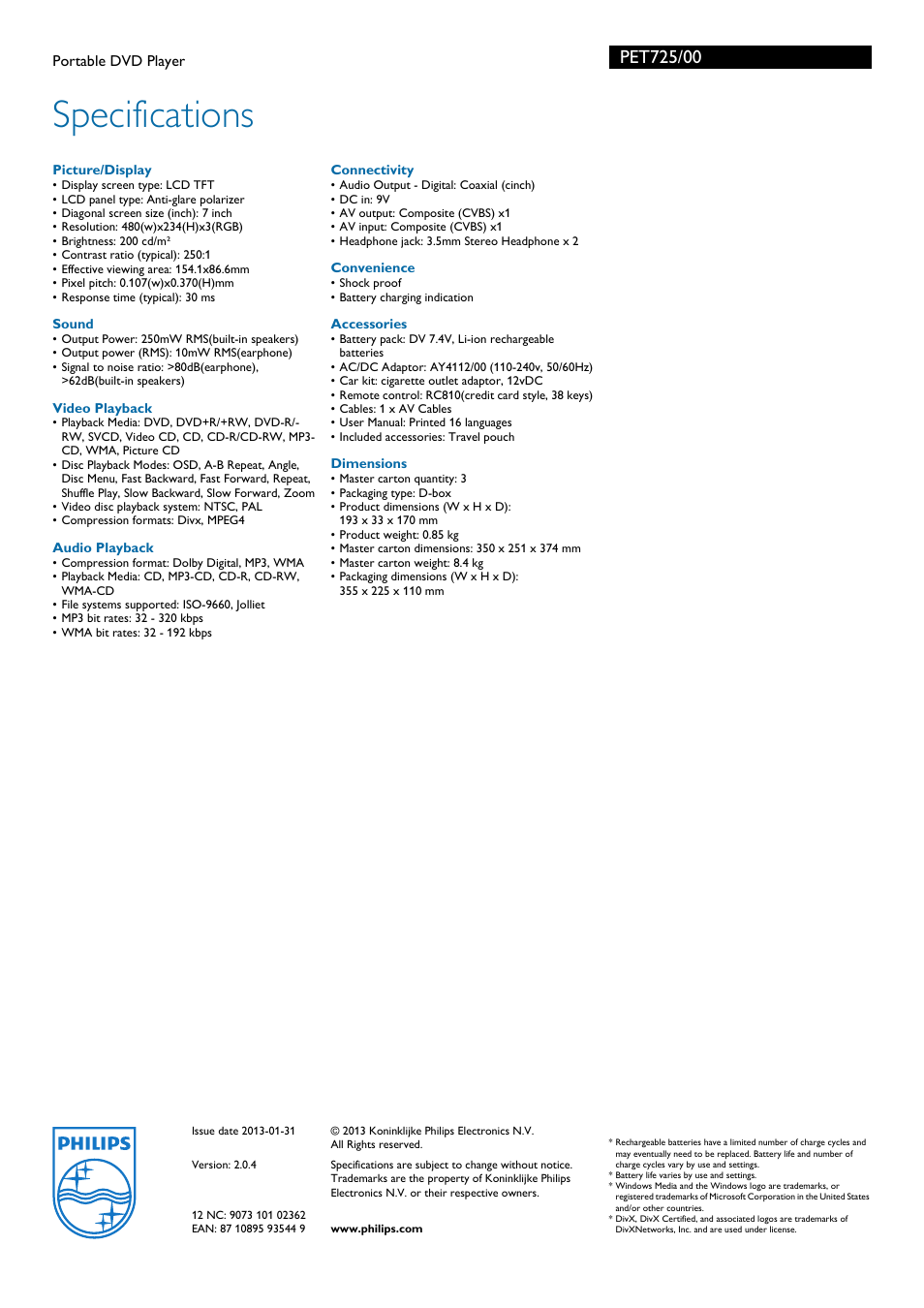 Specifications | Philips PET725/00 User Manual | Page 3 / 3