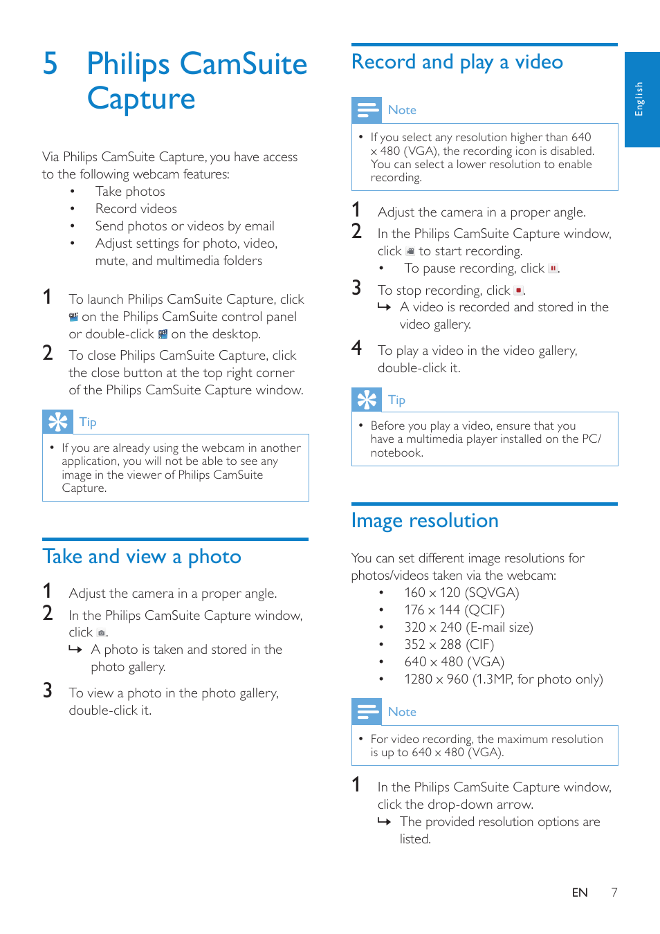 5 philips camsuite capture, Take and view a photo, Record and play a video | Image resolution, Take and view a photo 1 | Philips SPZ2000 User Manual | Page 8 / 18