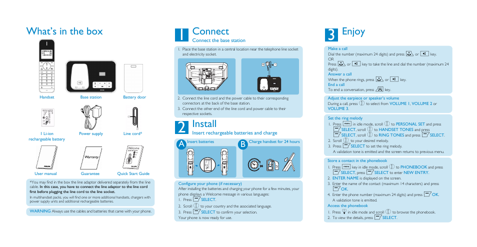 Enjoy, What’s in the box, Connect | Install | Philips ID555 User Manual | Page 2 / 2