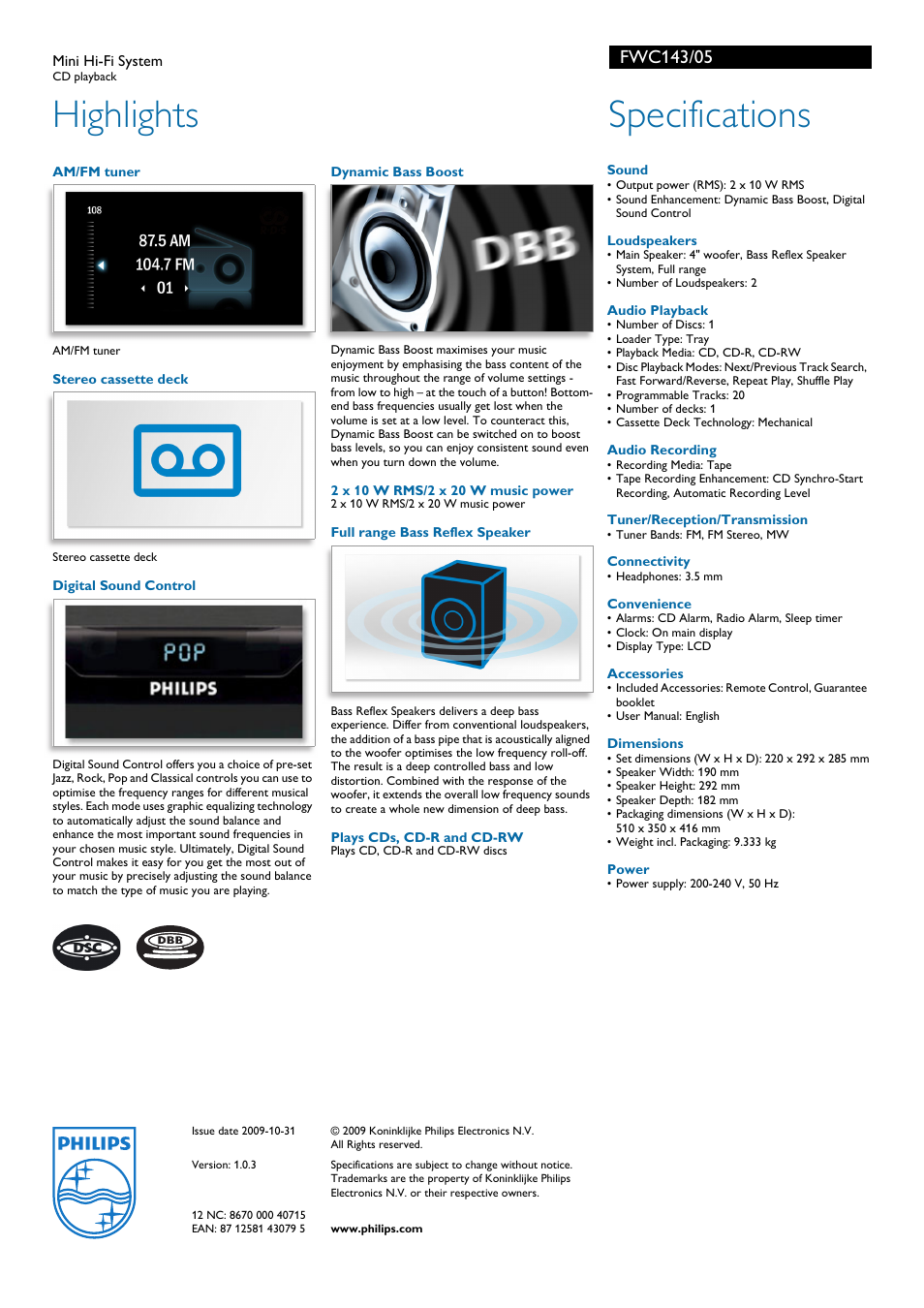 Highlights, Specifications | Philips FWC143 User Manual | Page 2 / 2