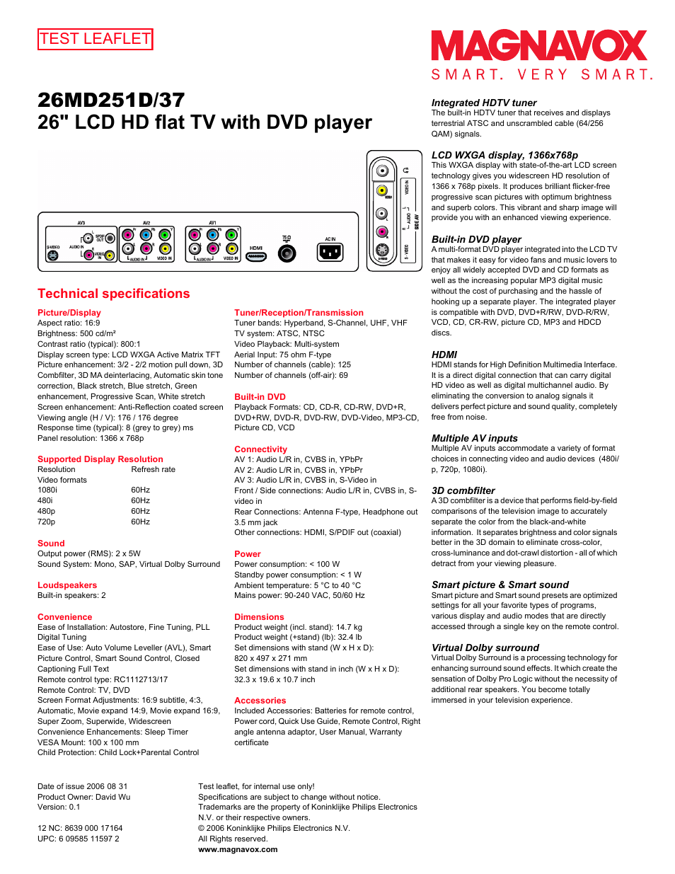 Test leaflet, Technical specifications | Philips Magnavox 26MD251D User Manual | Page 2 / 2