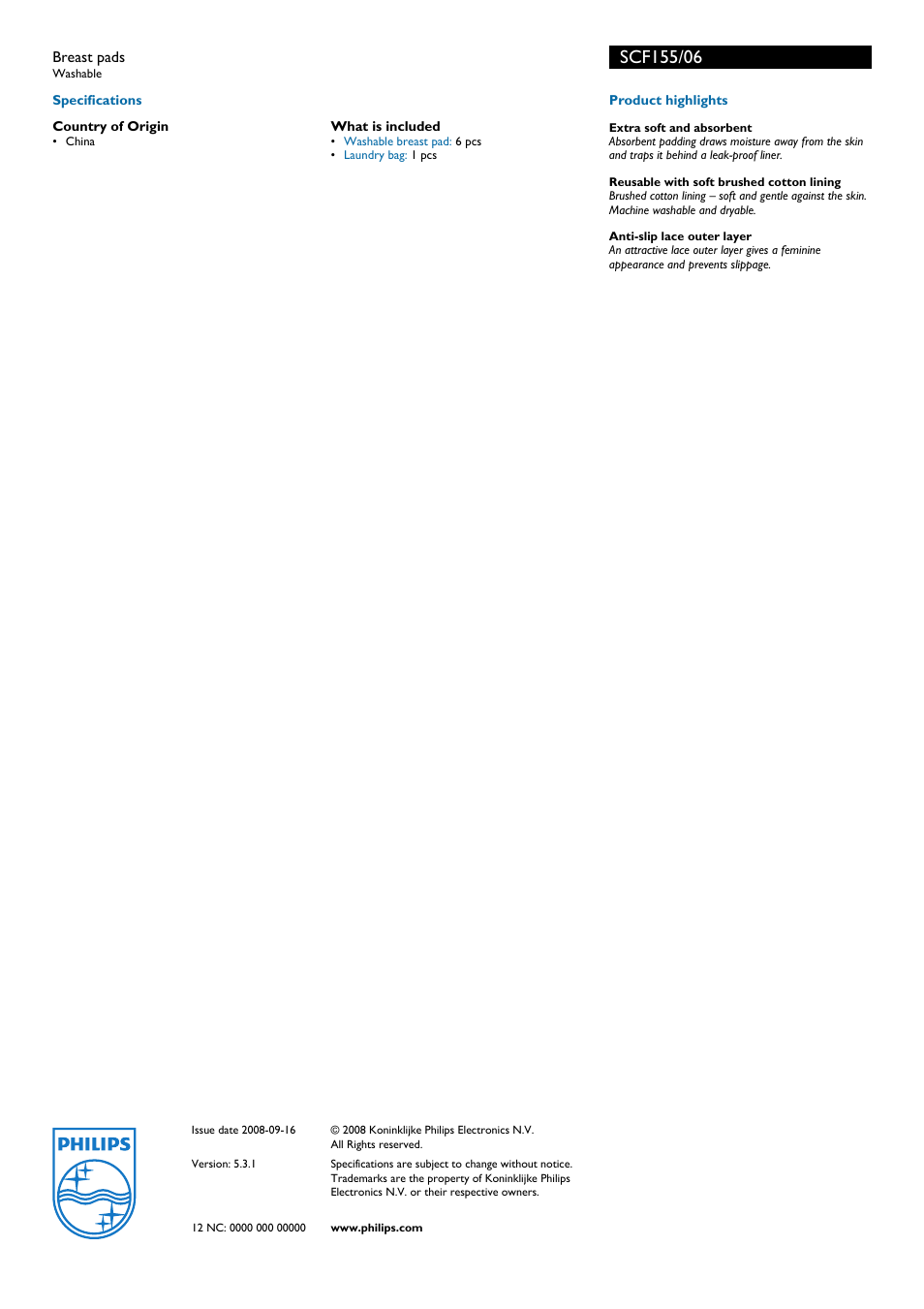 Scfi55/06, Philips, Breast pads | Philips SCF155/06 User Manual | Page 2 / 2