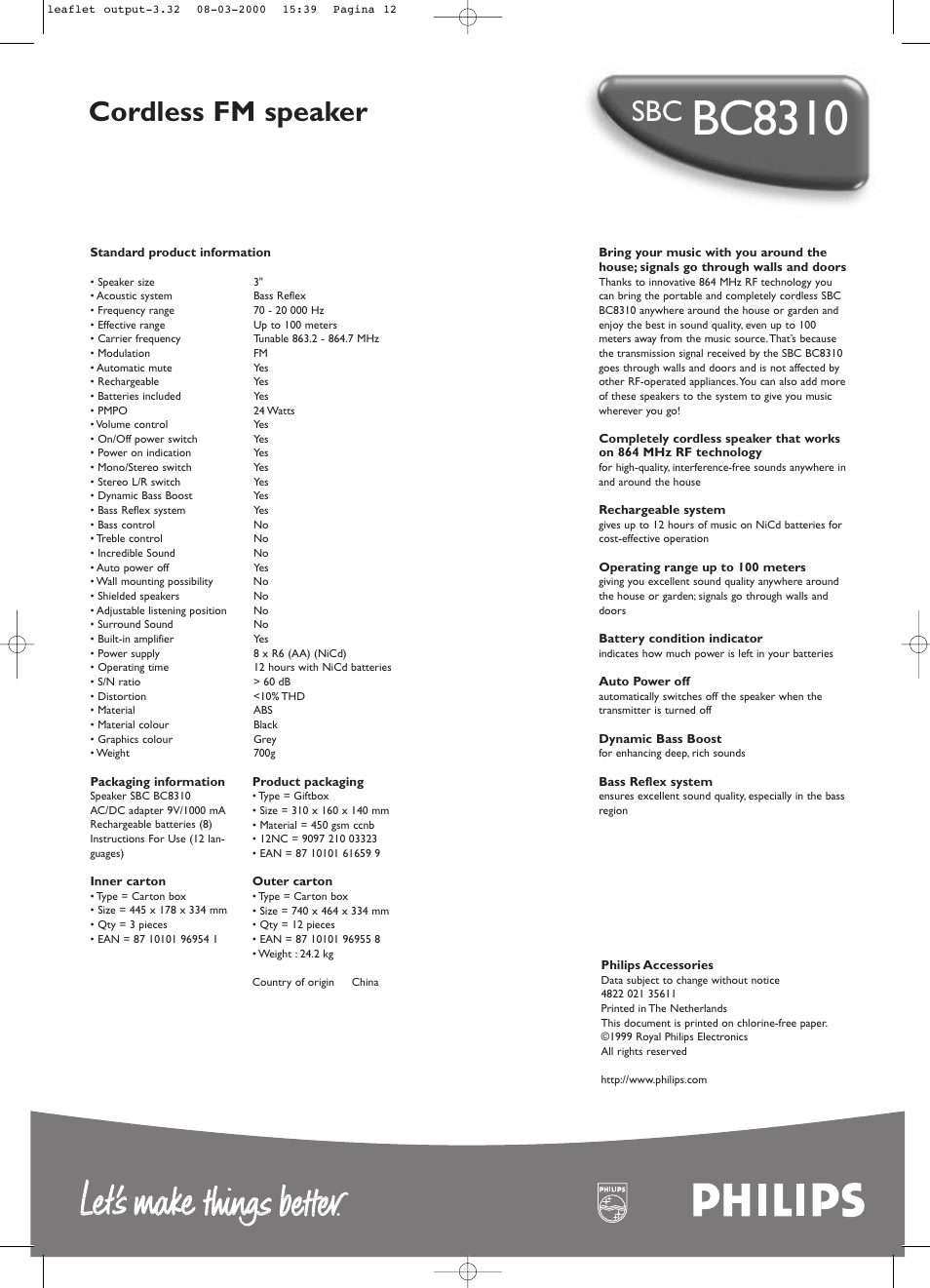 Bc8310, Cordless fm speaker | Philips SBCBC8310 User Manual | Page 2 / 2