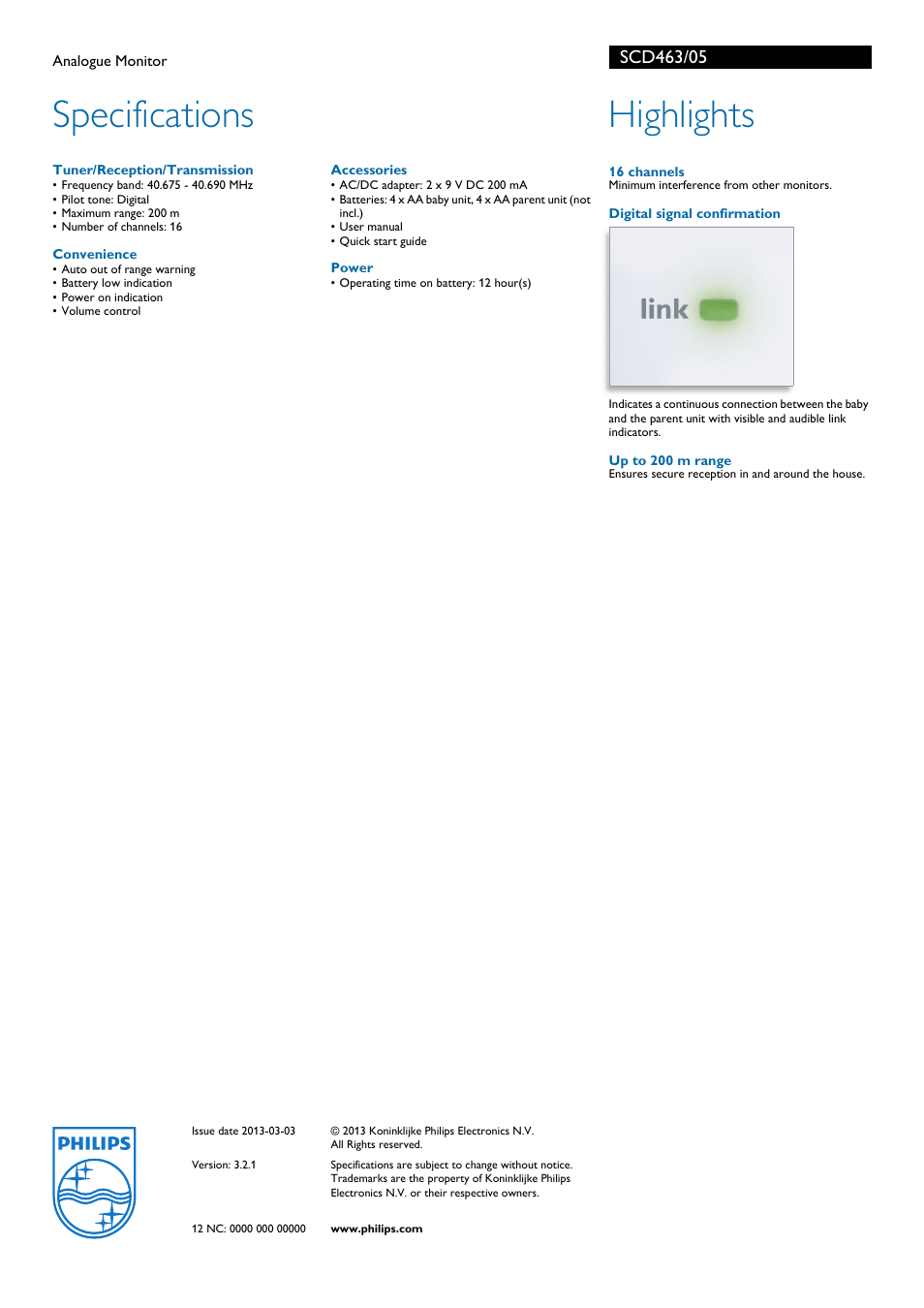 Specifications, Highlights | Philips SCD463/05 User Manual | Page 2 / 2