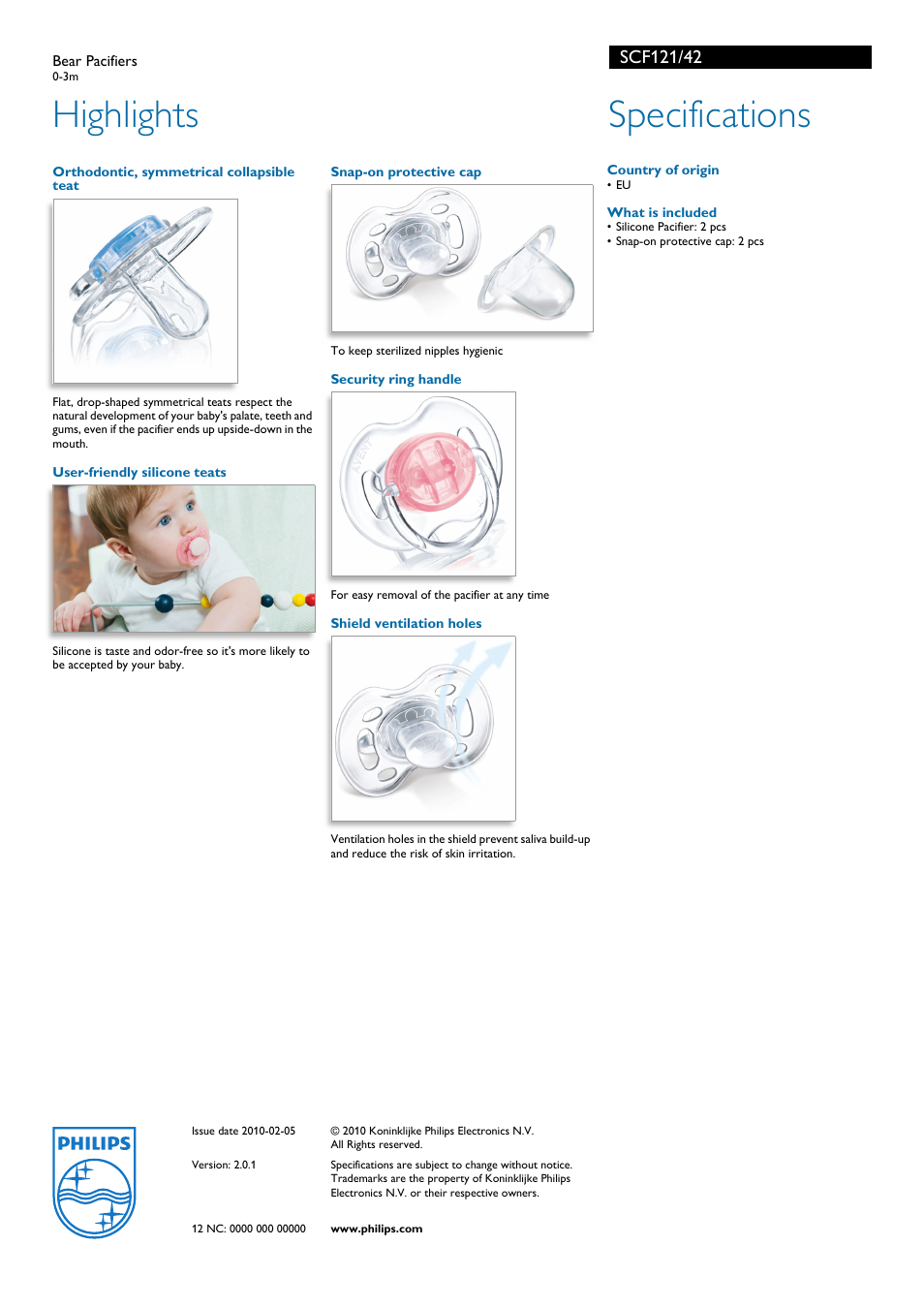 Highlights, Specifications | Philips AVENT SCF121/42 User Manual | Page 2 / 2