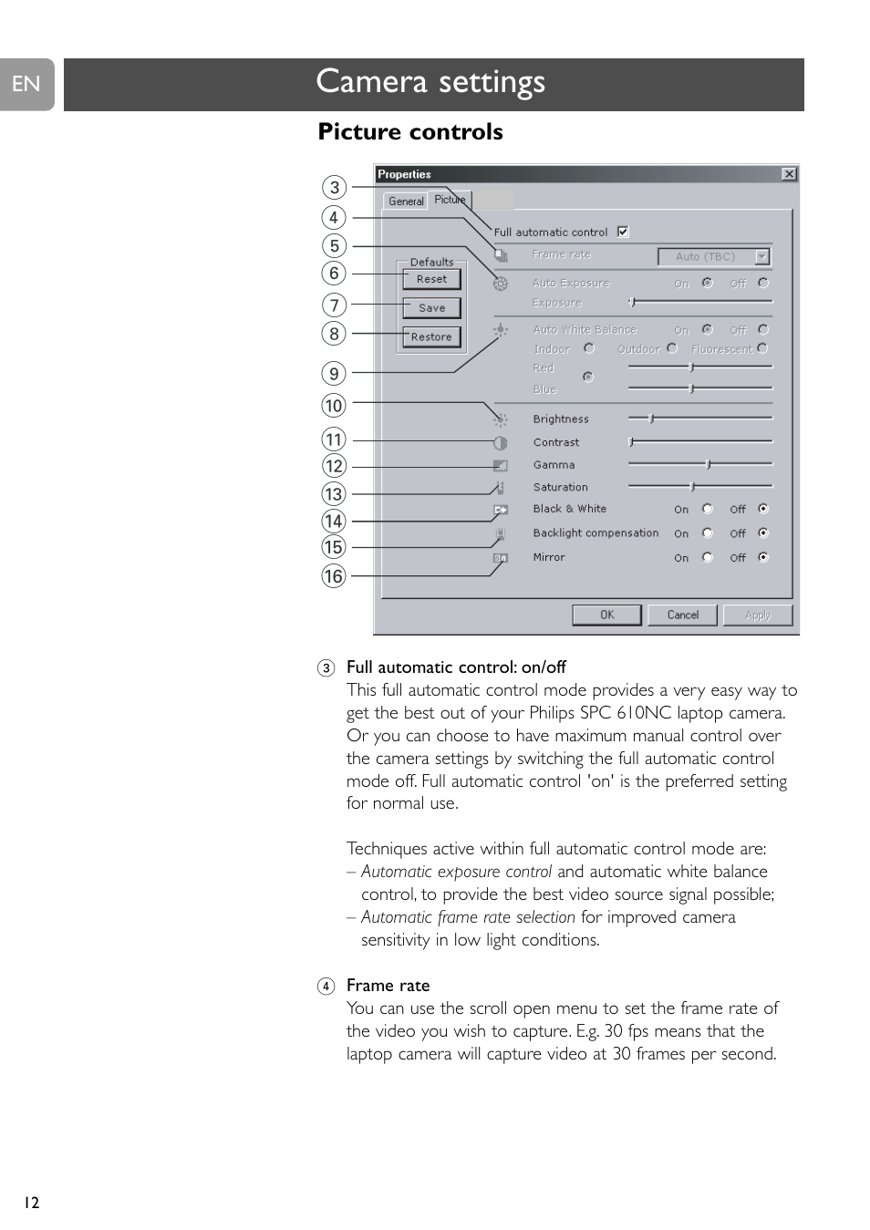 Camera settings | Philips SPC610NC/37 User Manual | Page 12 / 22