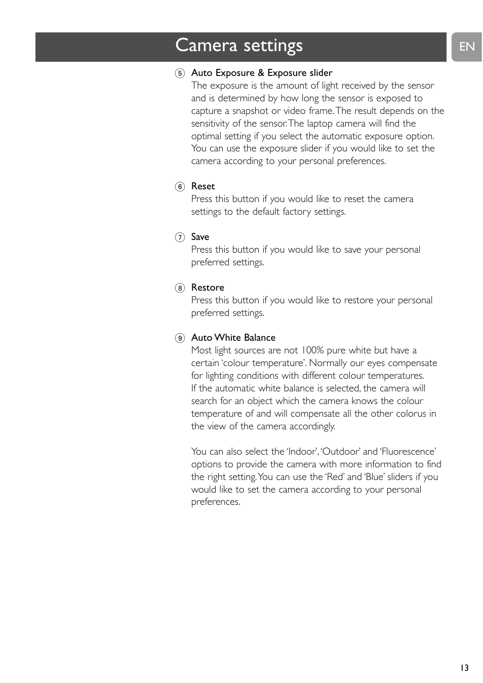 Camera settings | Philips SPC610NC/37 User Manual | Page 13 / 22