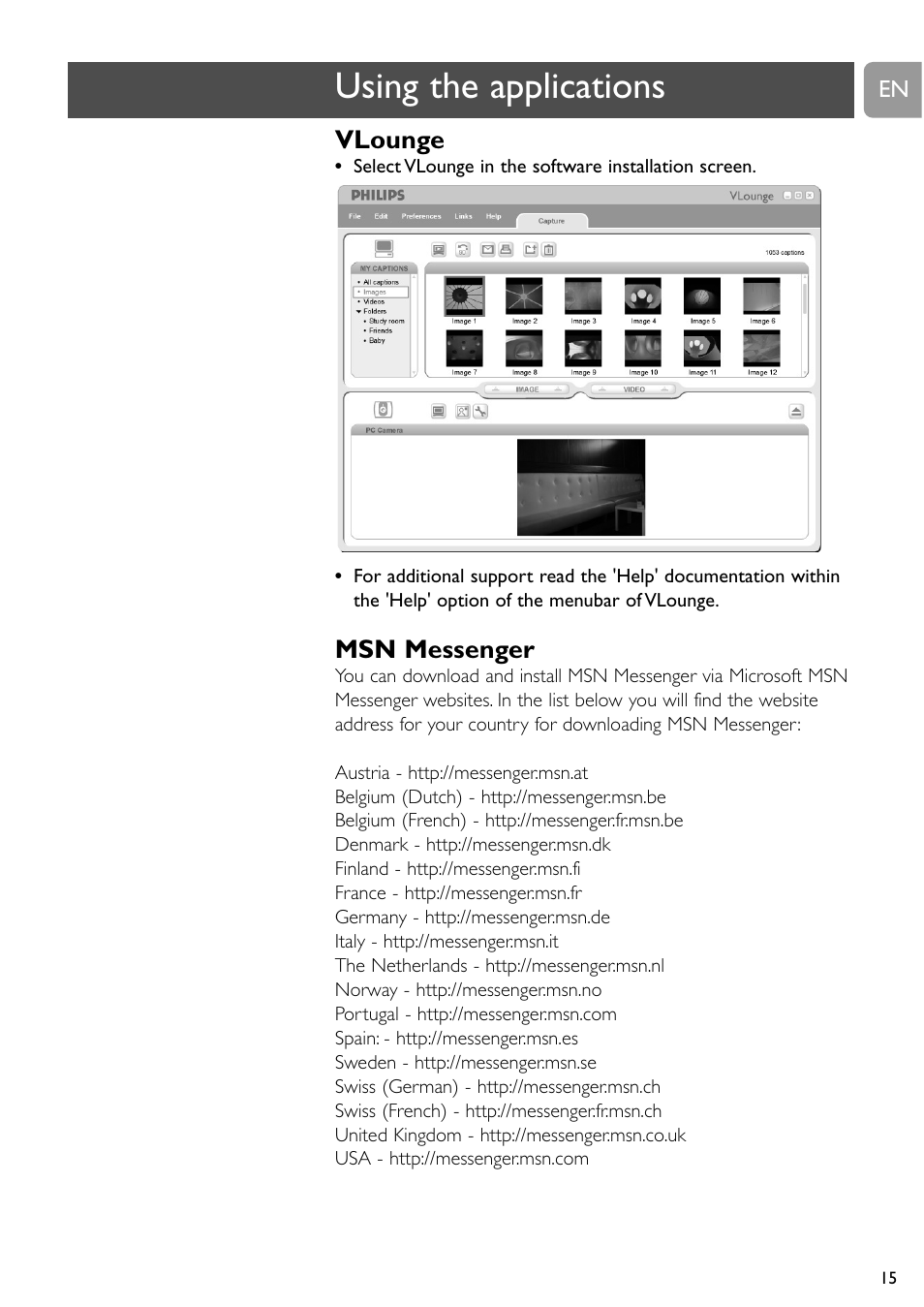 Using the applications, Vlounge, Msn messenger | Philips SPC610NC/37 User Manual | Page 15 / 22