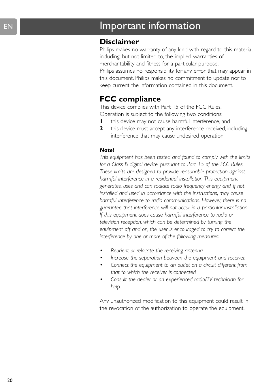 Important information, Disclaimer, Fcc compliance | Philips SPC610NC/37 User Manual | Page 20 / 22