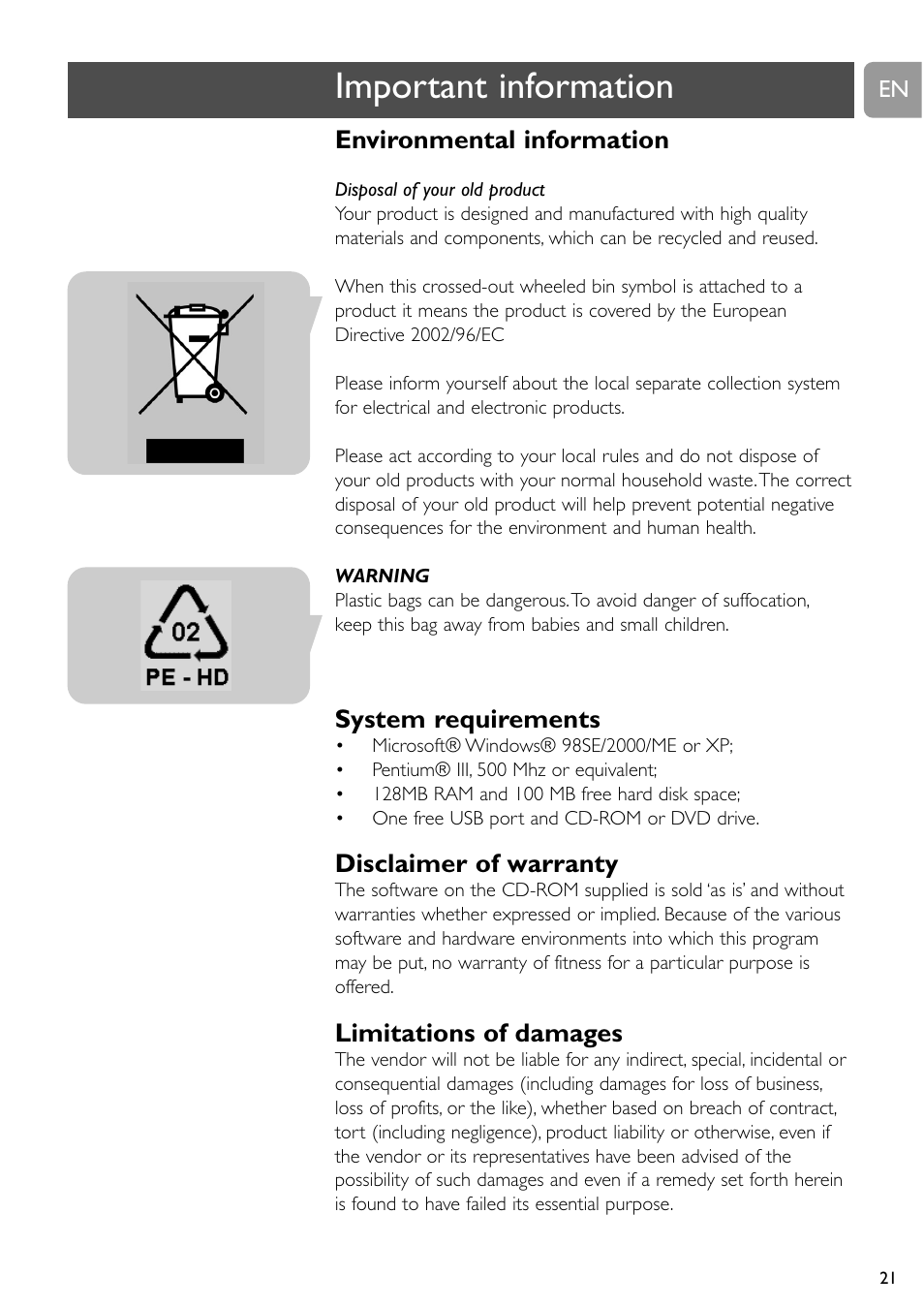Important information, Environmental information, System requirements | Disclaimer of warranty, Limitations of damages | Philips SPC610NC/37 User Manual | Page 21 / 22