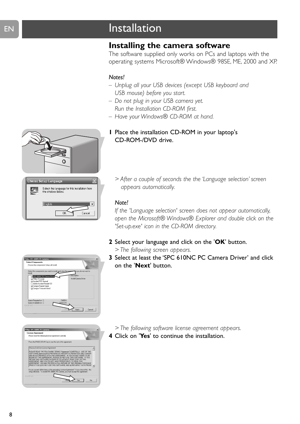 Installation, Installing the camera software | Philips SPC610NC/37 User Manual | Page 8 / 22