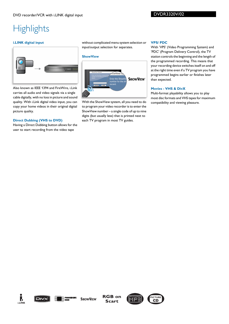Highlights | Philips DVDR3320V User Manual | Page 2 / 3