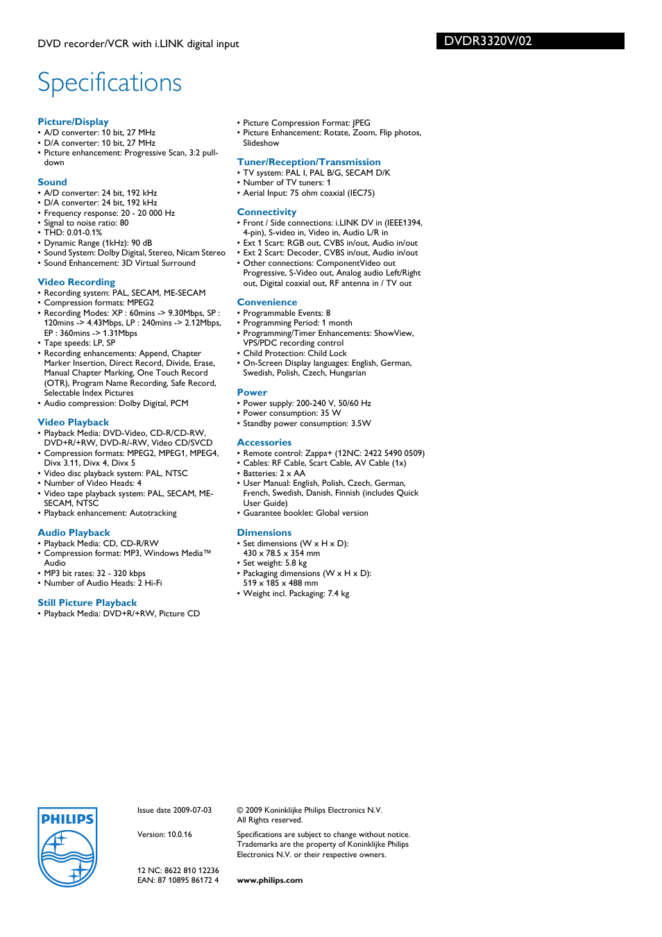 Specifications | Philips DVDR3320V User Manual | Page 3 / 3