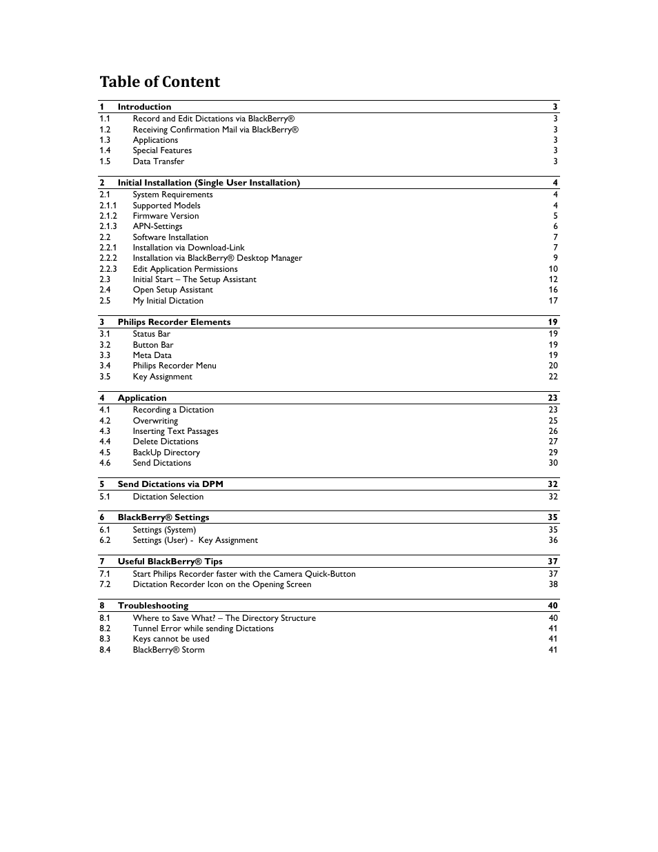 Table of content | Philips 1.6.0.0 User Manual | Page 2 / 42