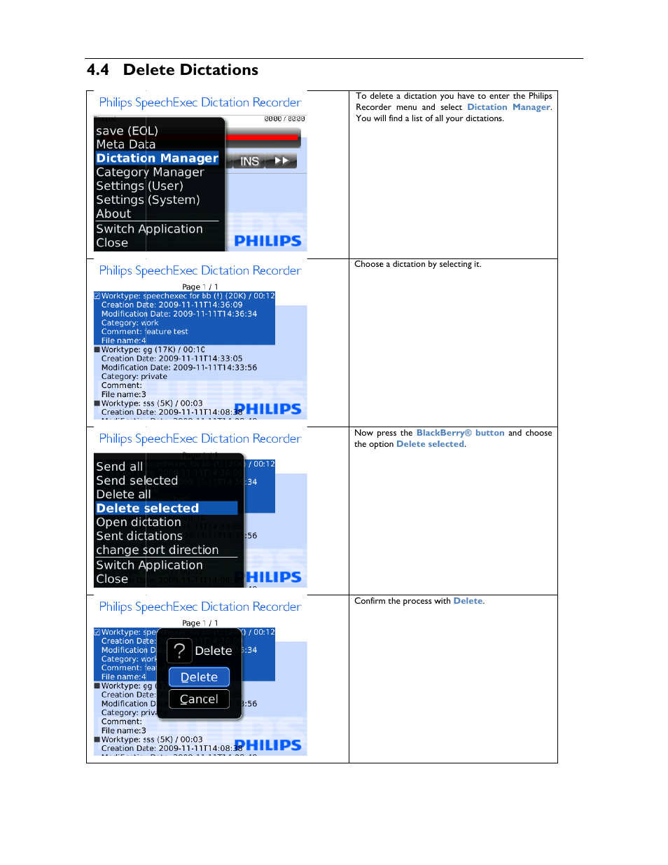 4 delete dic ctations | Philips 1.6.0.0 User Manual | Page 27 / 42