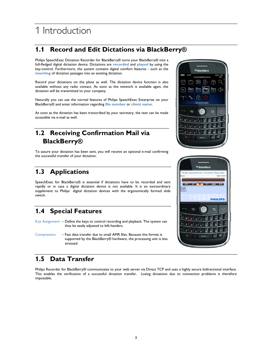 1 introduction, 1 record and edit dictations via blackberry, 2 receiving confirmation mail via blackberry | 3 applications, 4 special features, 5 data transfer | Philips 1.6.0.0 User Manual | Page 3 / 42