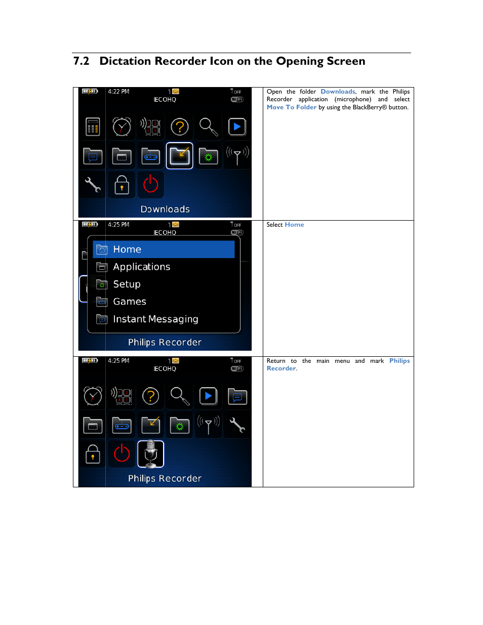 Dictation n record, Der icon n on the, Opening | G screen | Philips 1.6.0.0 User Manual | Page 38 / 42