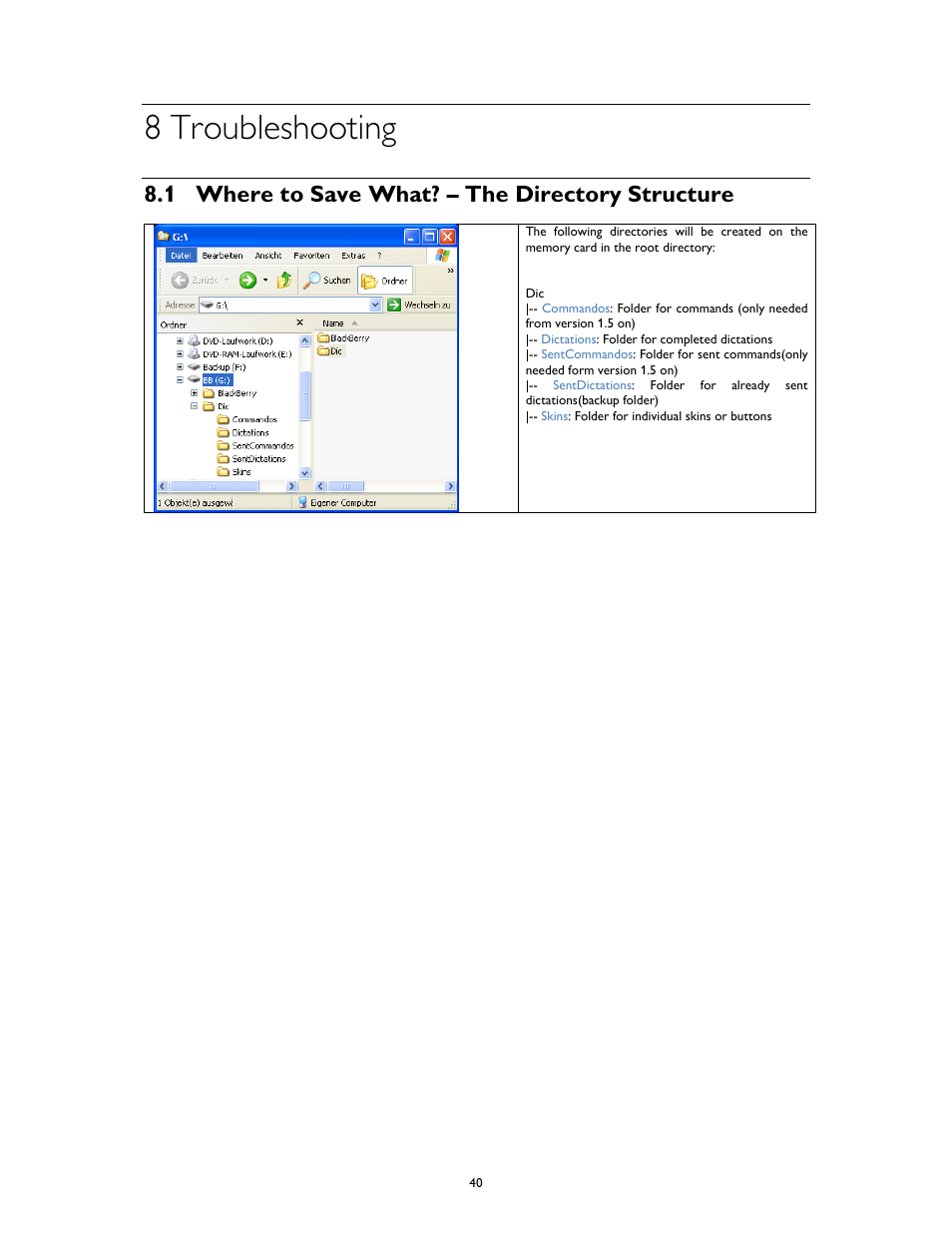 8 troubleshooting, 1 where to save what? – the directory structure | Philips 1.6.0.0 User Manual | Page 40 / 42