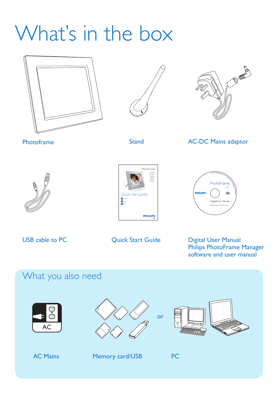 What’s in the box, What you also need, Photoframe ac mains quick start guide | Philips 8FF3CDW User Manual | Page 2 / 12