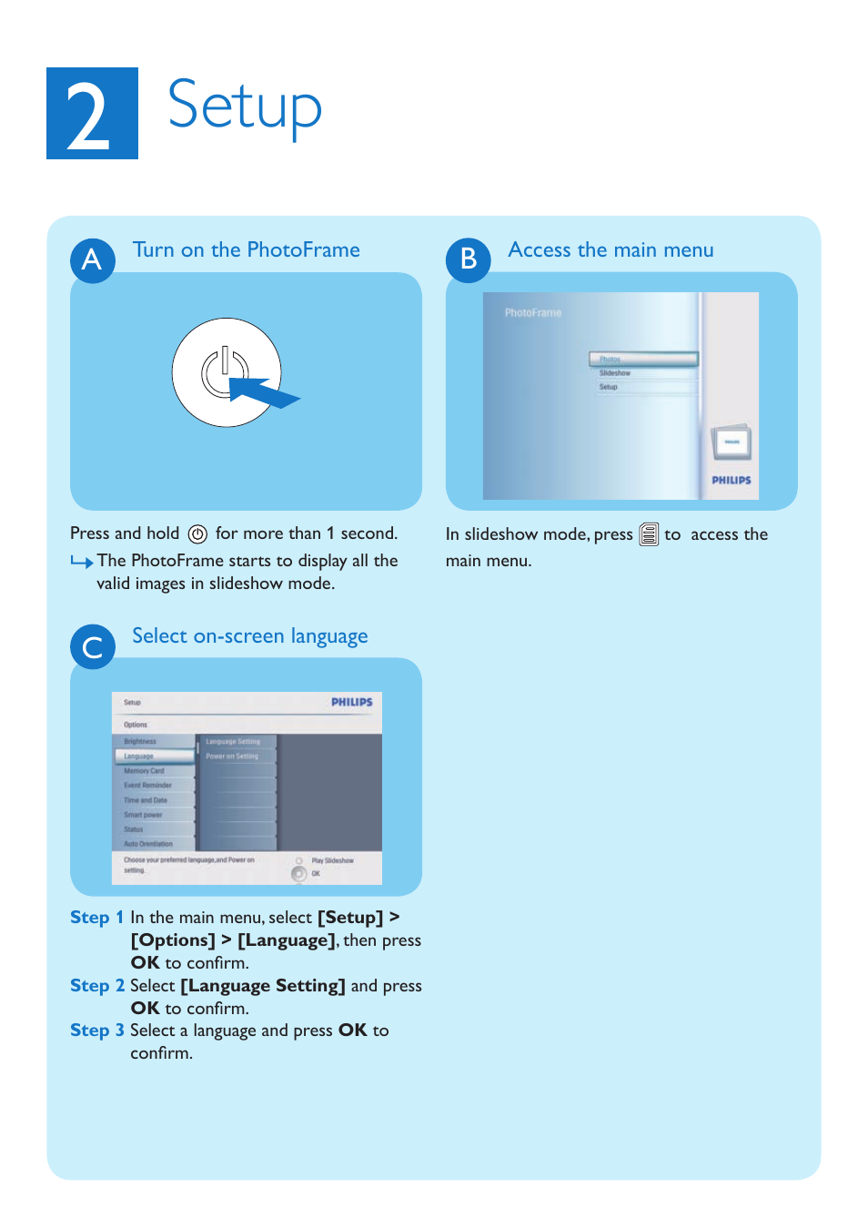 Setup, Ab c | Philips 8FF3CDW User Manual | Page 4 / 12