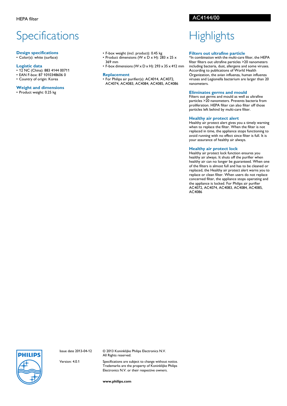 Specifications, Highlights | Philips AC4144/00 User Manual | Page 2 / 2
