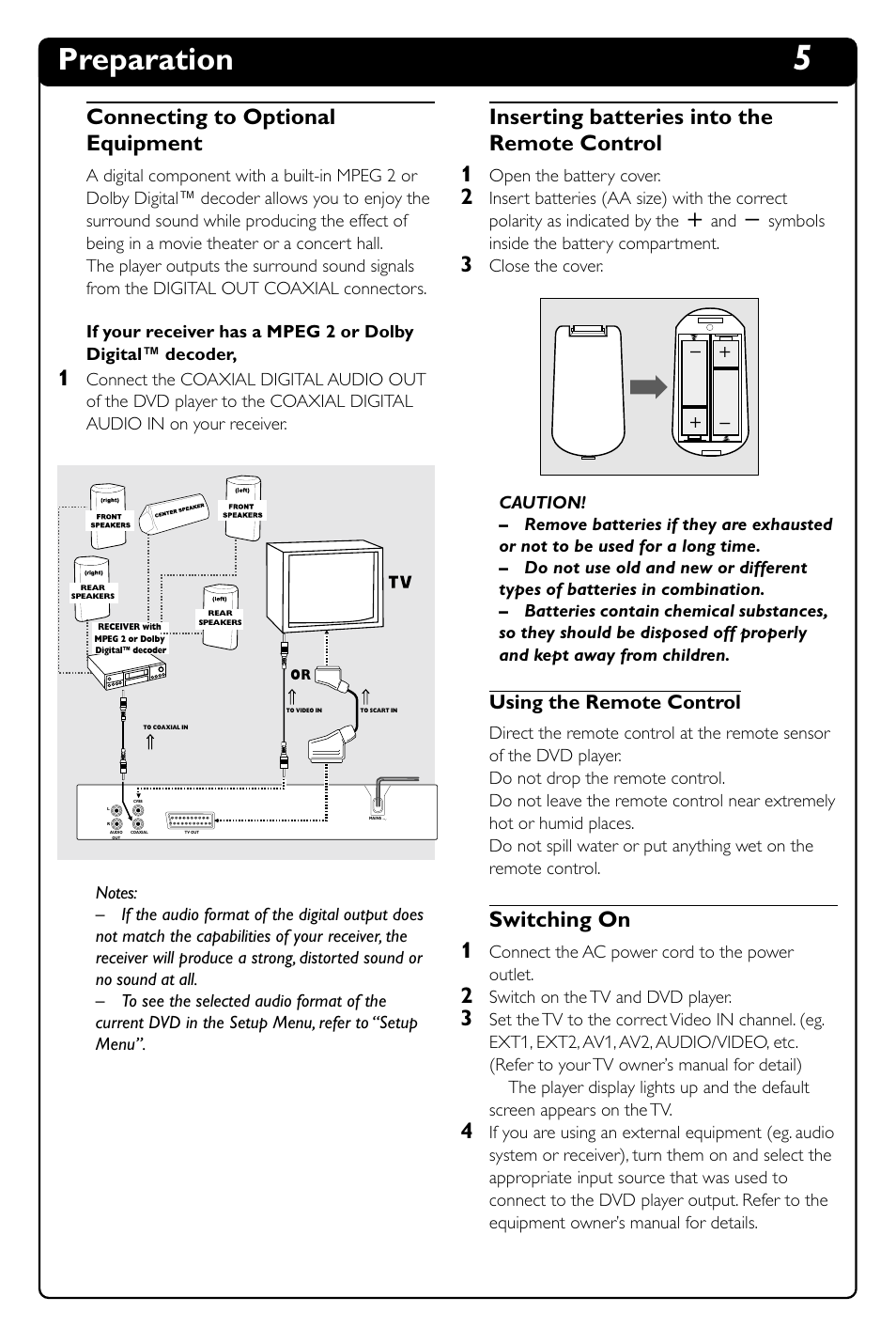Preparation, Connecting to optional equipment, Inserting batteries into the remote control 1 | Switching on 1, Using the remote control | Philips DVD634 User Manual | Page 10 / 24