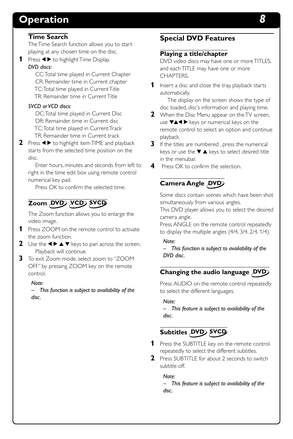 Operation | Philips DVD634 User Manual | Page 13 / 24