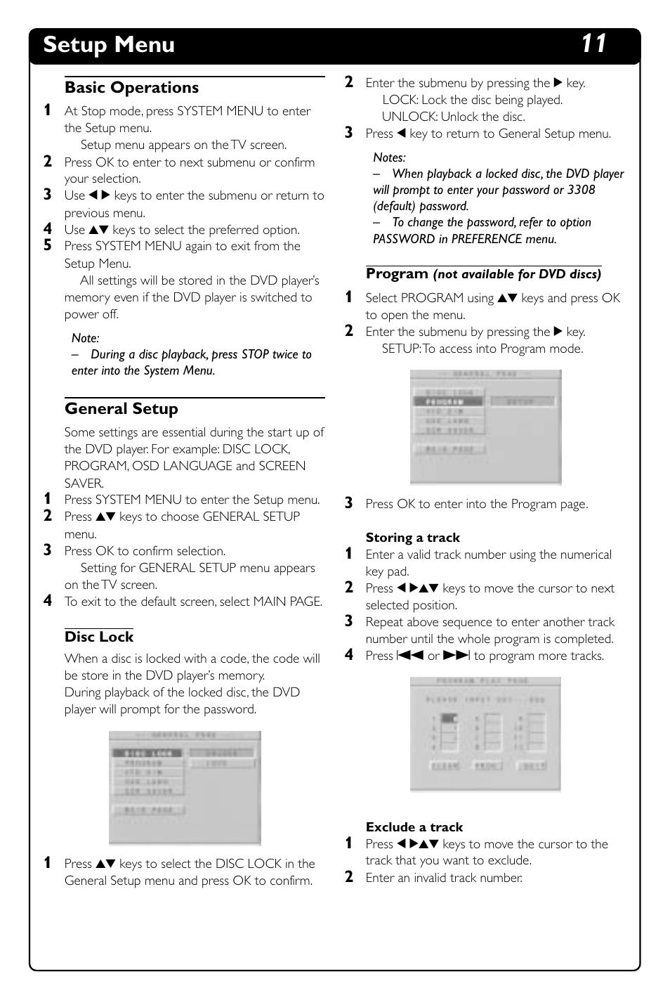 Setup menu | Philips DVD634 User Manual | Page 16 / 24