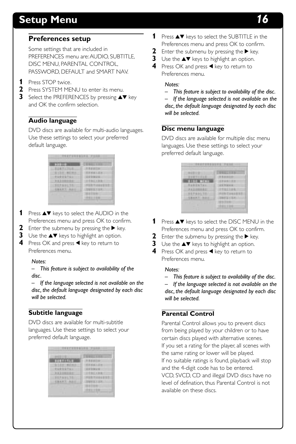 Setup menu | Philips DVD634 User Manual | Page 21 / 24